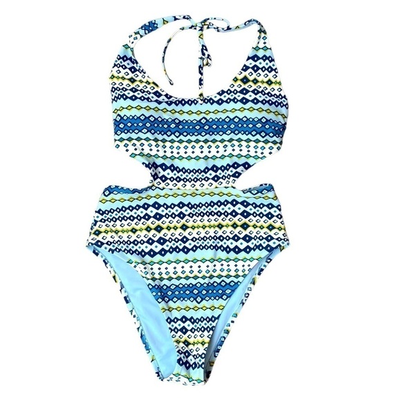 AERIE One Piece Swimsuit Cut Out Geometric Print Halter - Picture 2 of 8